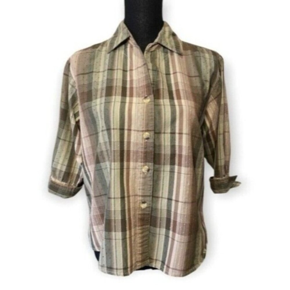 Vintage 90s Dressbarn Plaid Blouse L - Textured Green & Brown 3/4 Roll Sleeve